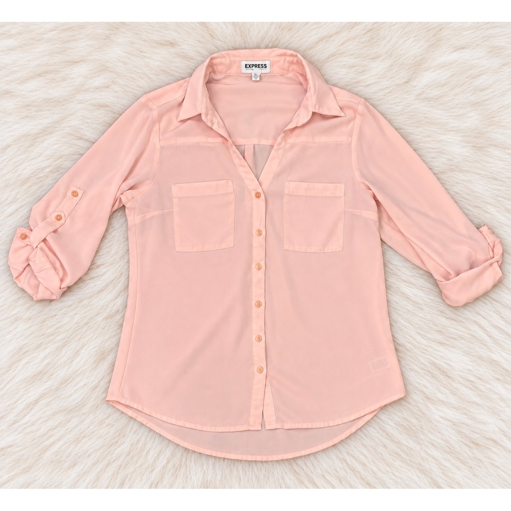 Express The Portofino Shirt Womens Small Peach Pink Roll Tab Sleeve Blouse